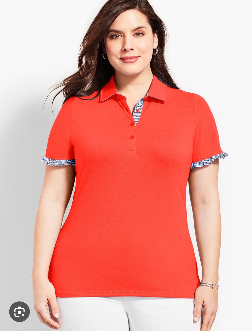 Talbots Red Gingham Trim Ruffle Sleeve Polo